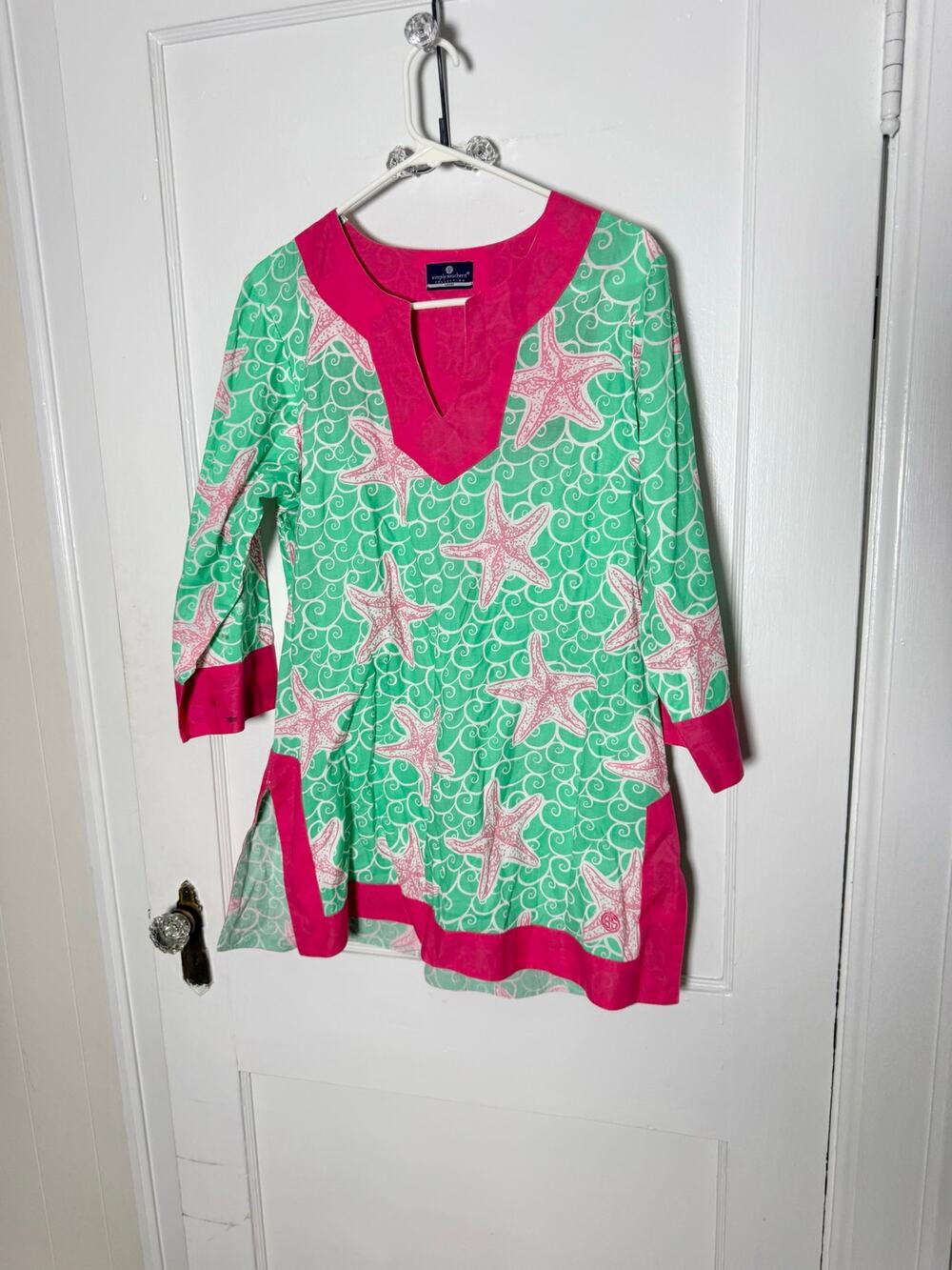 Simply Southern Women’s Large Starfish Coastal Print Tunic Top Green Pink Cotton